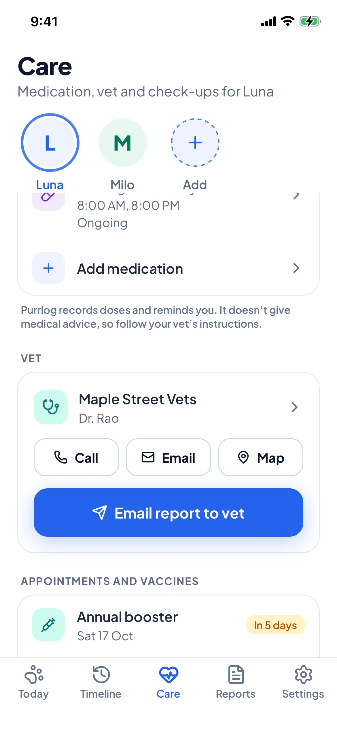 Purrlog’s Care screen with a vet card offering Call, Email and Map buttons, and a list of appointments and vaccines